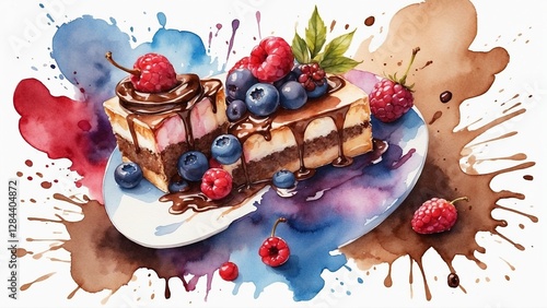 Decadent chocolate dessert squares topped with fresh berries and drizzled with chocolate sauce