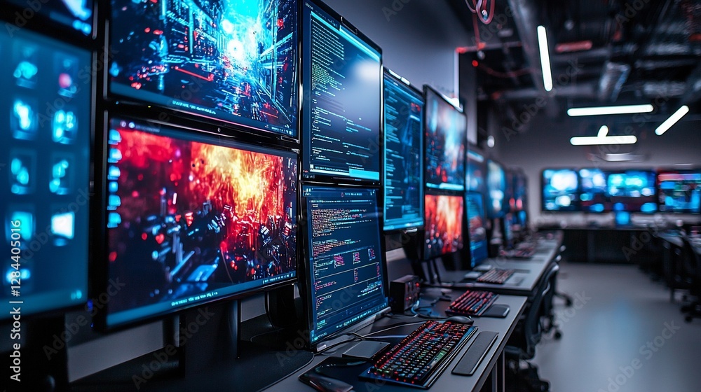 Cybersecurity analysts monitoring network activity in a modern data center Cybersecurity analysts monitoring network activity in a modern data center
