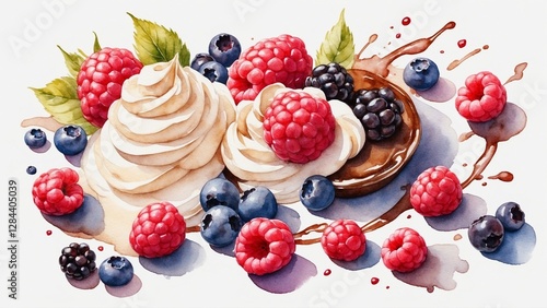 Delicious whipped cream topped with fresh berries and chocolate sauce on a colorful background