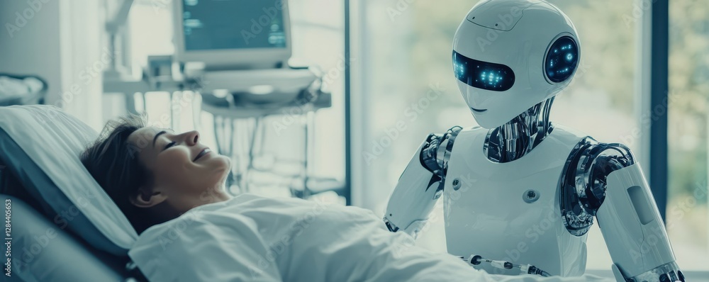 Robot assisting smiling patient in hospital room: futuristic healthcare interaction Robot assisting smiling patient in hospital room: futuristic healthcare interaction