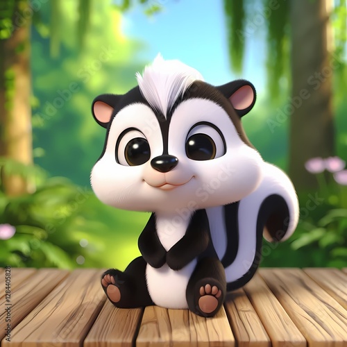 Adorable cartoon skunk character sitting on a wooden platform in a vibrant forest setting.