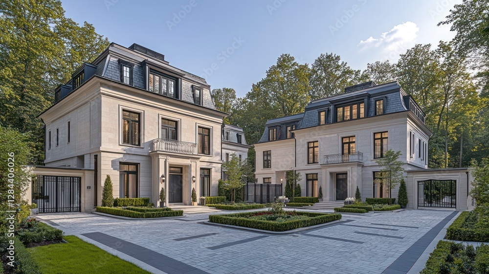 Luxurious twin mansions in a landscaped courtyard, surrounded by trees Luxurious twin mansions in a landscaped courtyard, surrounded by trees