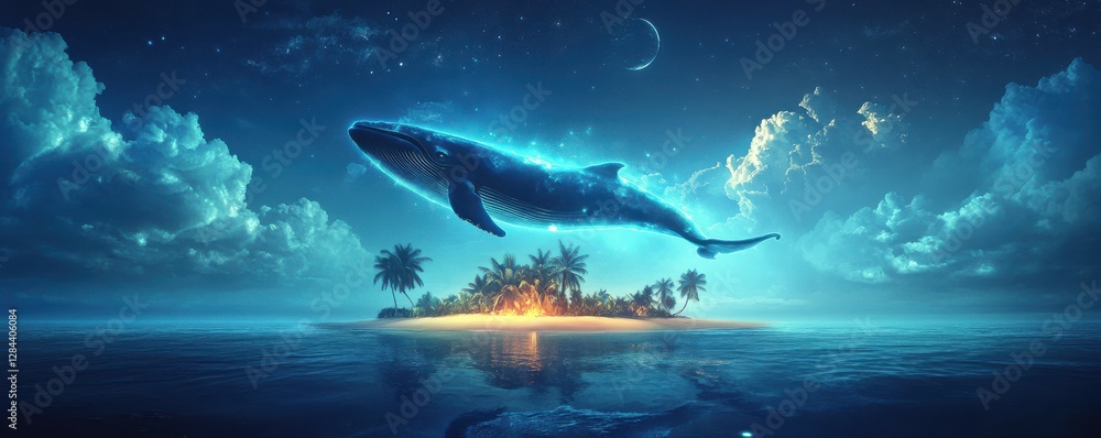Fototapeta premium Majestic whale soars over tropical island at night with crescent moon
