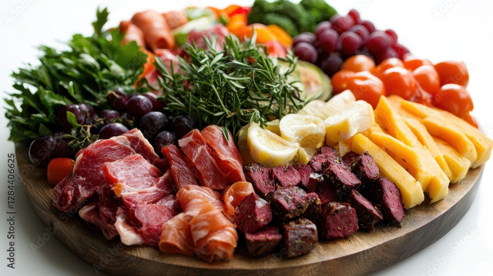 Assorted Gourmet Meat and Fresh Vegetable Platter on a Wooden Board for Entertaining and Catering Events Assorted Gourmet Meat and Fresh Vegetable Platter on a Wooden Board for Entertaining and Catering Events