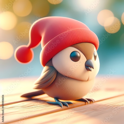 A cute cartoon bird with big eyes wearing a red Santa hat, sitting on a wooden surface.