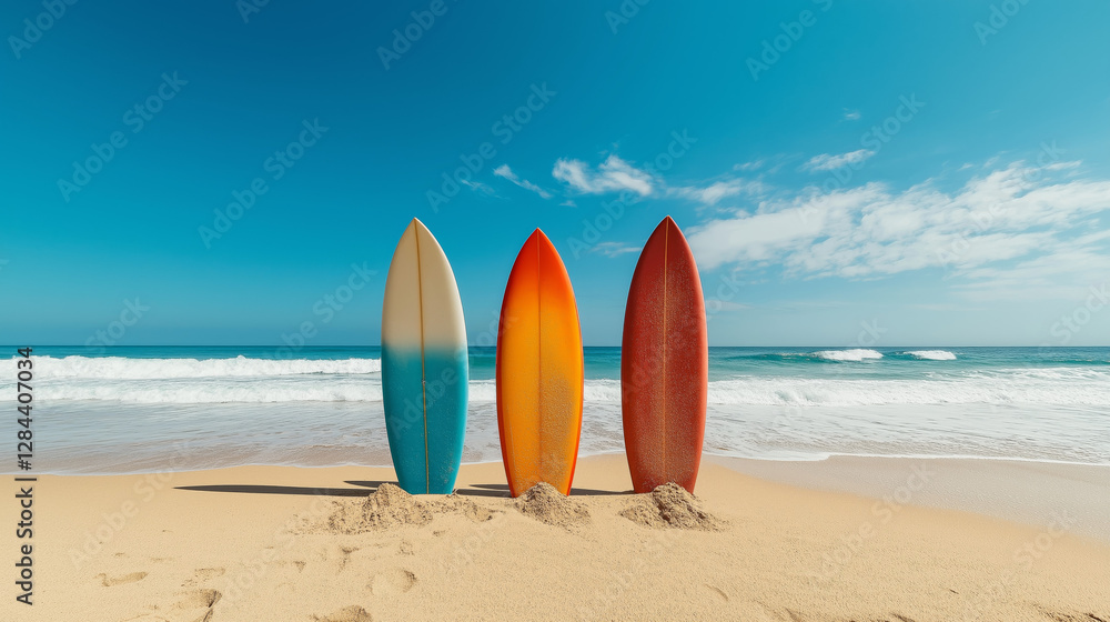 Surf's Up: A trio of vibrantly colored surfboards standing proudly on a sandy beach, under a bright blue sky, invites you to embrace the thrill of surfing and the carefree spirit of the ocean. Surf's Up: A trio of vibrantly colored surfboards standing proudly on a sandy beach, under a bright blue sky, invites you to embrace the thrill of surfing and the carefree spirit of the ocean.