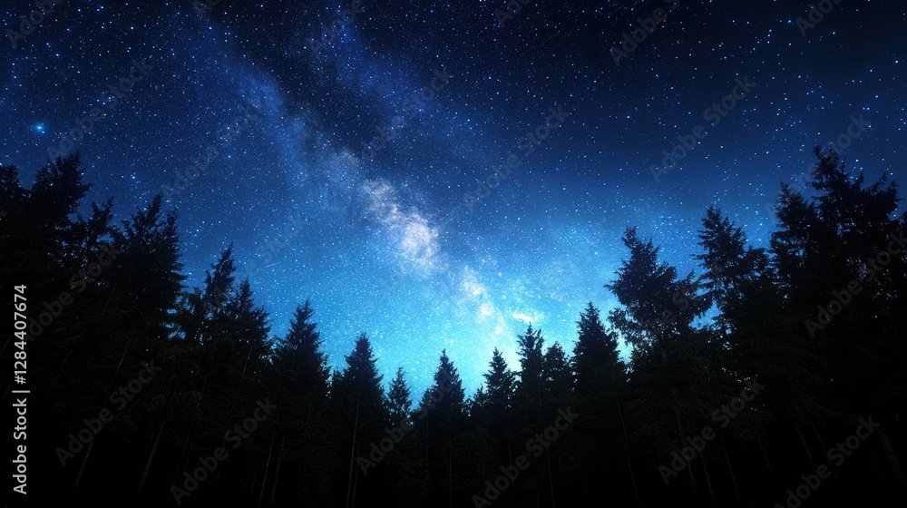 Starry Night Sky Over Dense Evergreen Forest with Milky Way Galaxy and Clear Blue Atmosphere Starry Night Sky Over Dense Evergreen Forest with Milky Way Galaxy and Clear Blue Atmosphere