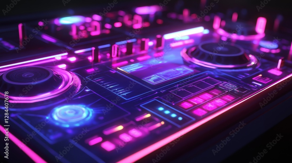 Stylized holographic DJ mixer with glowing controls and an interactive futuristic display. Stylized holographic DJ mixer with glowing controls and an interactive futuristic display.