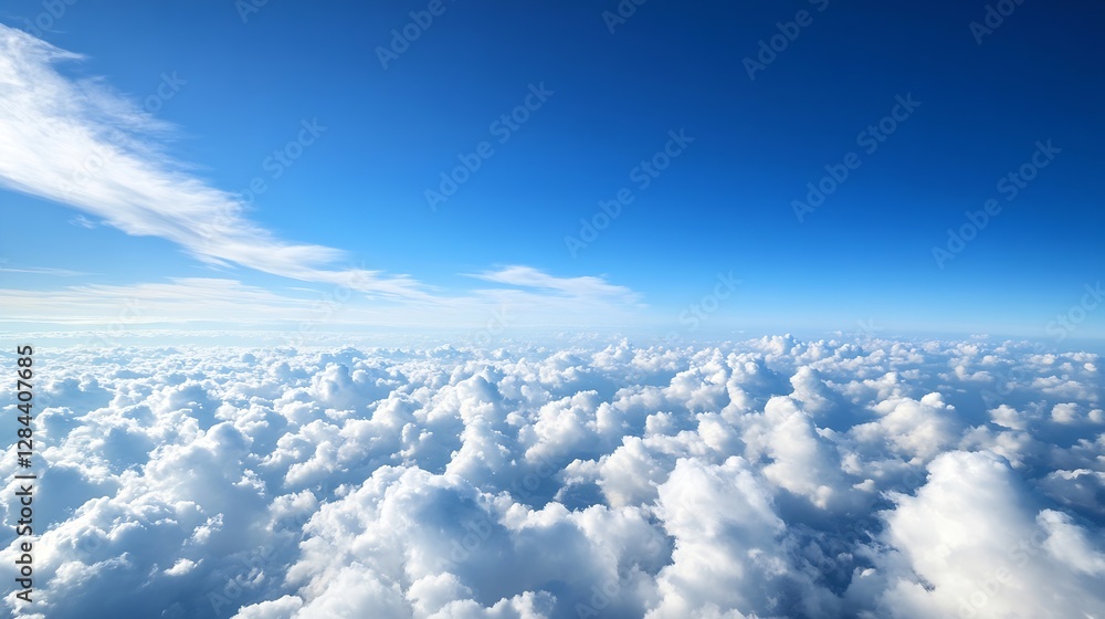 Naklejka premium Beautiful blue sky above fluffy clouds creating a serene and peaceful atmosphere during daylight : Generative AI