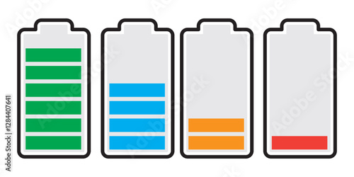 Set of vertical battery level indicators in percentage vector. Battery indicator symbols. 0-100 percent.

