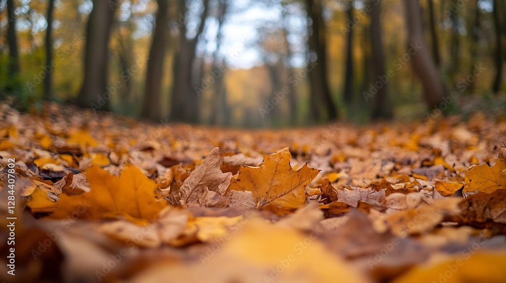 Autumn scene with vibrant fallen leaves covering a trail in a serene forest setting : Generative AI Autumn scene with vibrant fallen leaves covering a trail in a serene forest setting : Generative AI