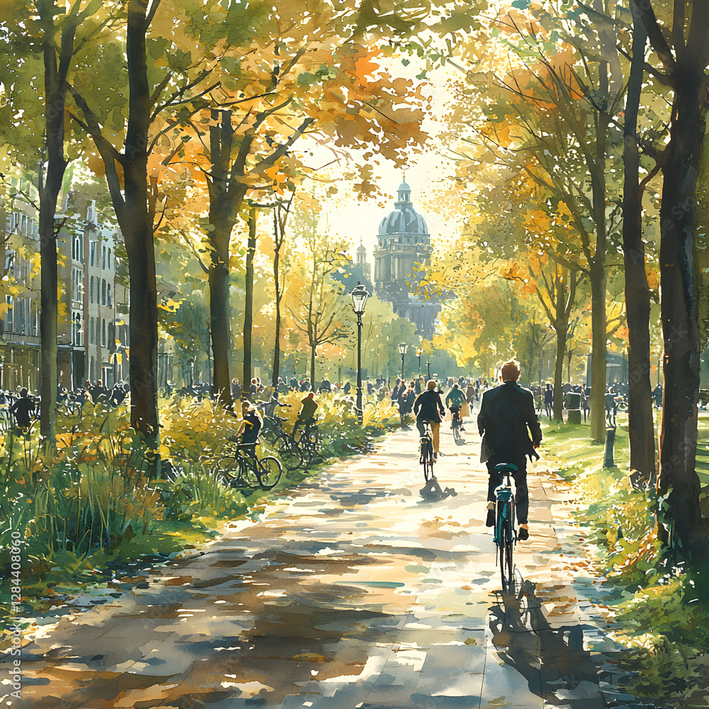 Obraz premium People cycling and walking in vondelpark, amsterdam, netherlands, in autumn