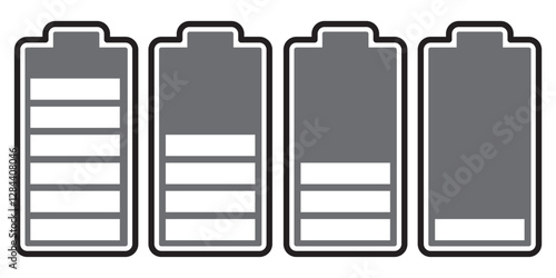 Set of vertical battery level indicators in percentage vector. Battery indicator symbols. 0-100 percent.
