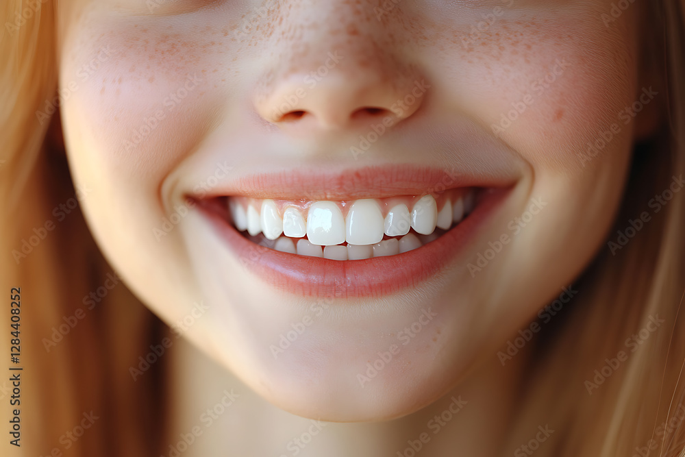 Obraz premium A bright close-up photo of a joyful young woman laughing, showcasing her clean, white teeth. Radiant smile, natural beauty, and happiness captured in high detail.