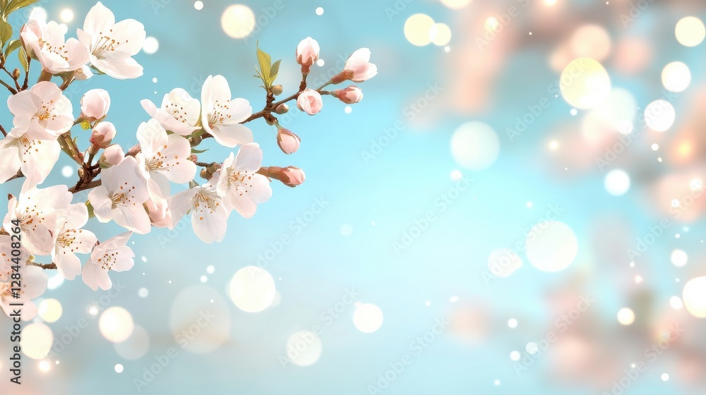 Fototapeta premium A serene background featuring delicate cherry blossoms against a soft blue, with bokeh effects creating a dreamy atmosphere.