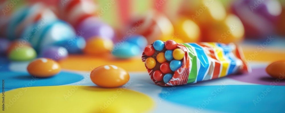 Fototapeta premium Colorful candy spill on bright background with wrapped multicolored sweets and beads