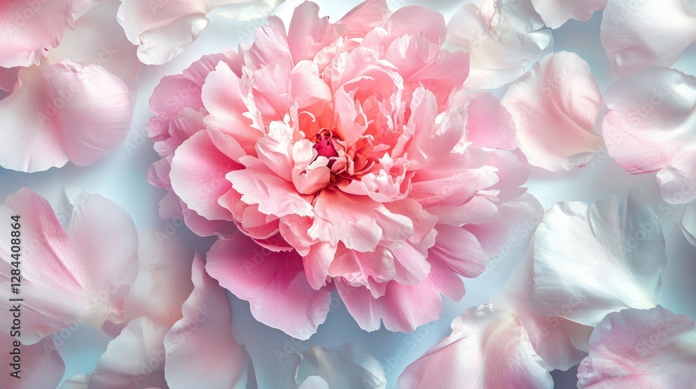 Fototapeta premium A detailed image of a blooming peony surrounded by soft pastel petals, isolated on a clean white background