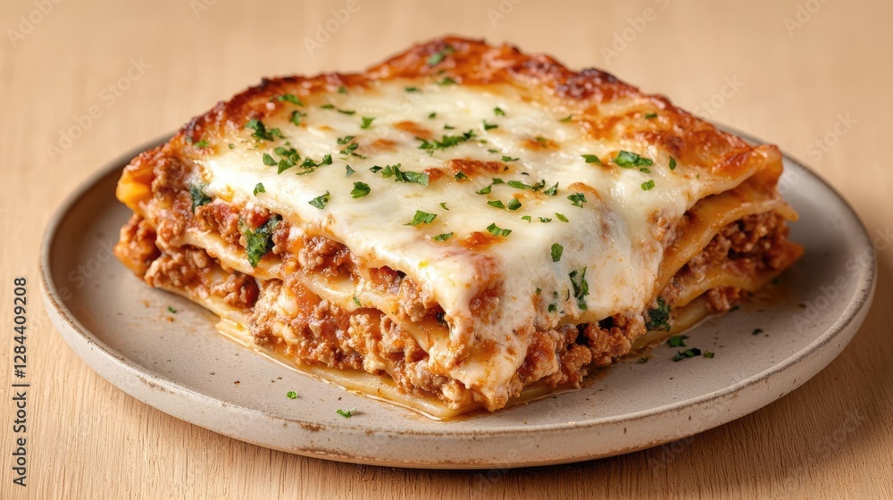 Delicious lasagna slice on plate, wood background, food photography for recipe Delicious lasagna slice on plate, wood background, food photography for recipe