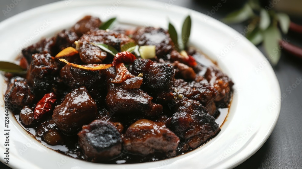 Savory braised pork with chili and aromatic herbs on white plate Savory braised pork with chili and aromatic herbs on white plate
