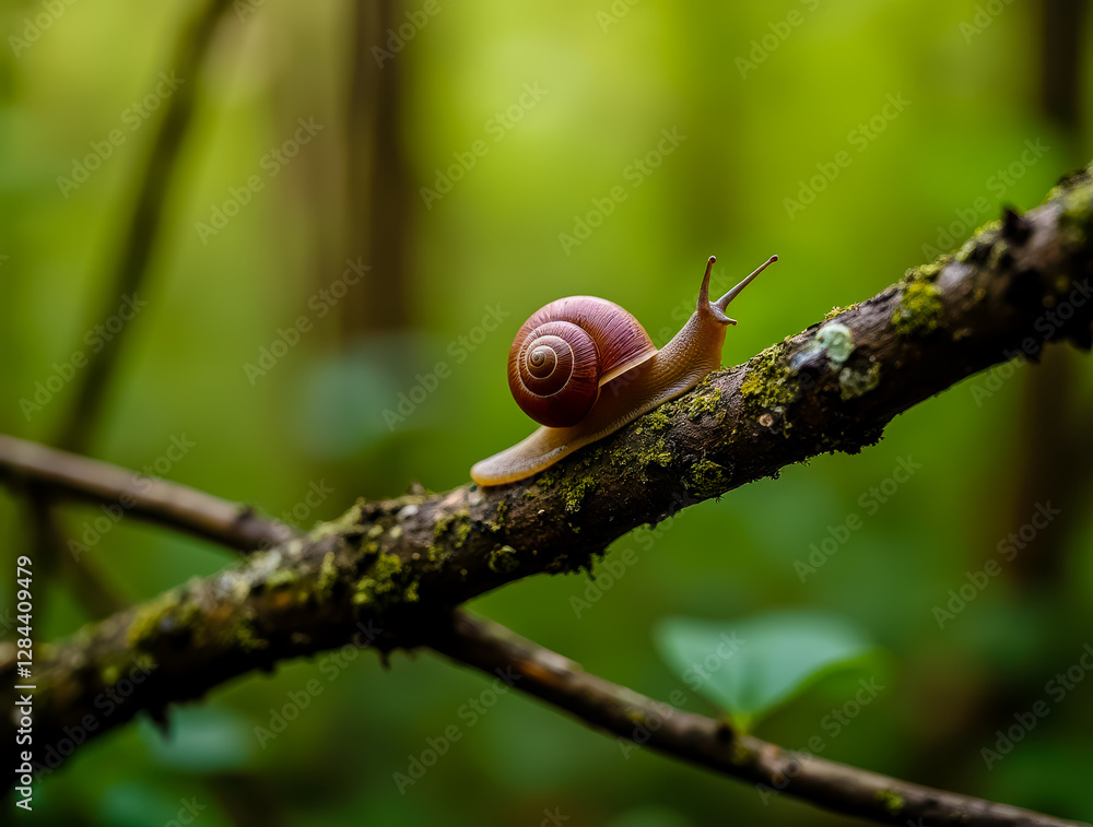 A small brown snail is on a mossy branch A small brown snail is on a mossy branch
