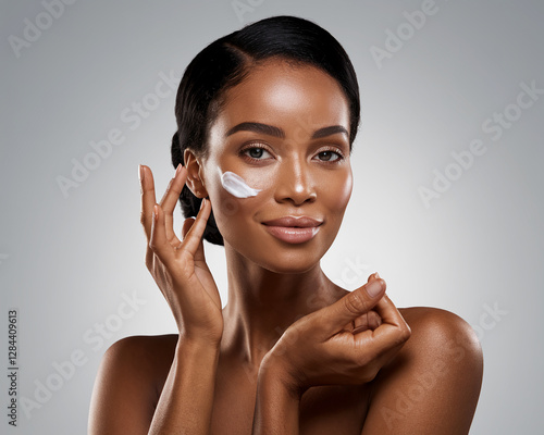 A close-up portrait of a beautiful woman applying cream on her face, symbolizing skincare, beauty routine, and self-care. photo