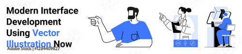 People pointing at digital interfaces with bold minimalistic design. Ideal for collaboration, interface prototyping, teamwork, design process, technology, education, flat landing page banner