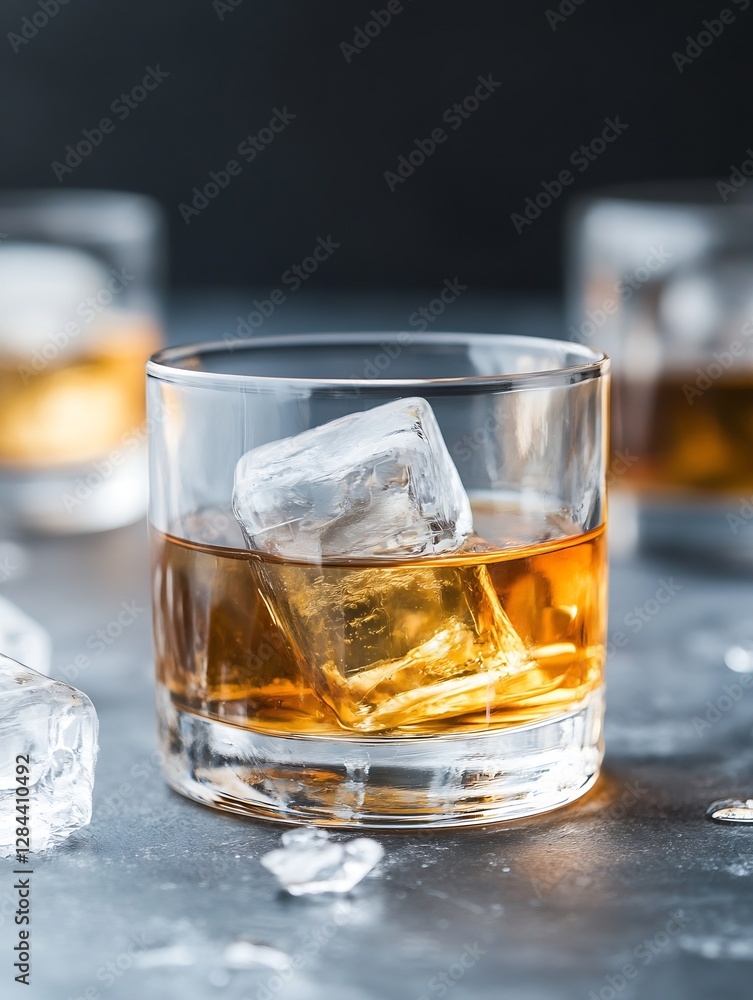 Elegant glass of whiskey with ice cubes on a dark surface inviting a moment of relaxation : Generative AI Elegant glass of whiskey with ice cubes on a dark surface inviting a moment of relaxation : Generative AI