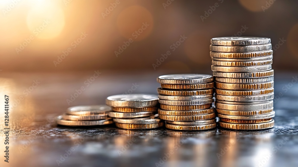 Stack of coins arranged in ascending order illustrating wealth accumulation and financial growth in a soft glow light setting : Generative AI Stack of coins arranged in ascending order illustrating wealth accumulation and financial growth in a soft glow light setting : Generative AI