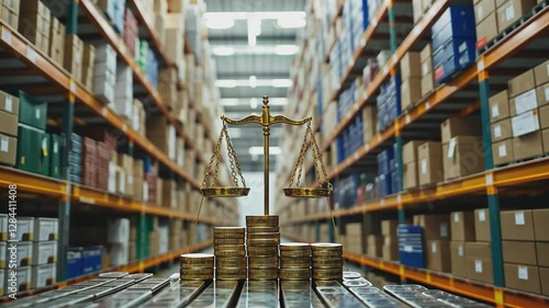 Warehouse Law: A warehouse scene featuring a balance scale atop a stack of coins, symbolizing the balance of law and the financial aspects of inventory.