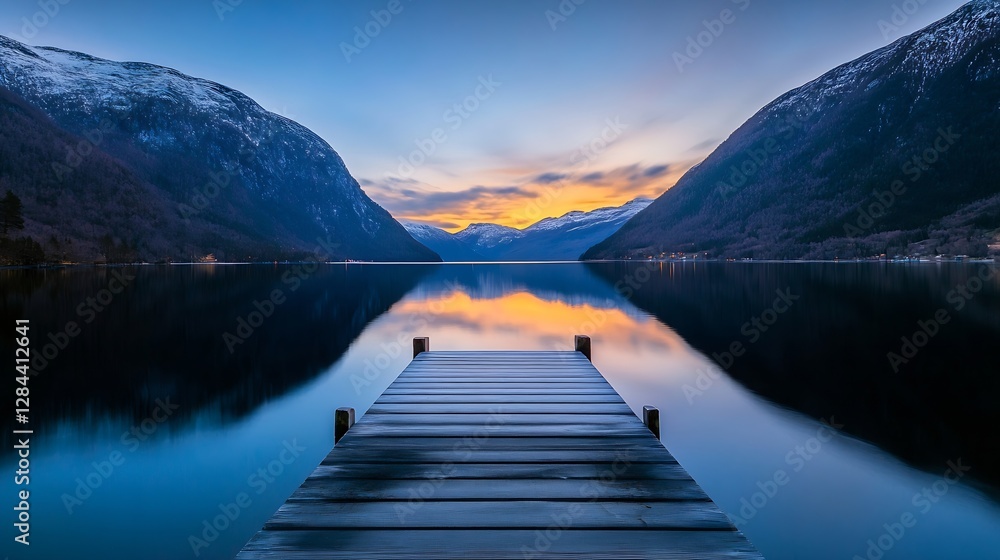 Stunning panoramic view of a serene lake surrounded by mountains under a colorful sunset sky reflecting in the calm water : Generative AI Stunning panoramic view of a serene lake surrounded by mountains under a colorful sunset sky reflecting in the calm water : Generative AI