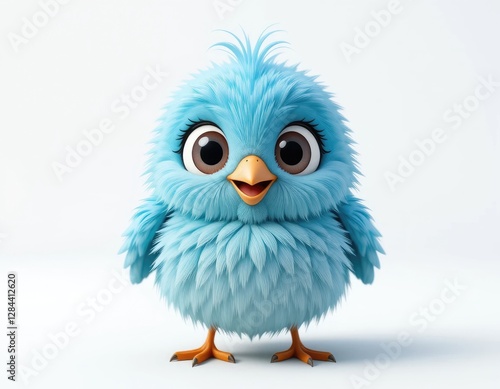 Adorable Blue Bird Character Standing on White Background with Big Eyes