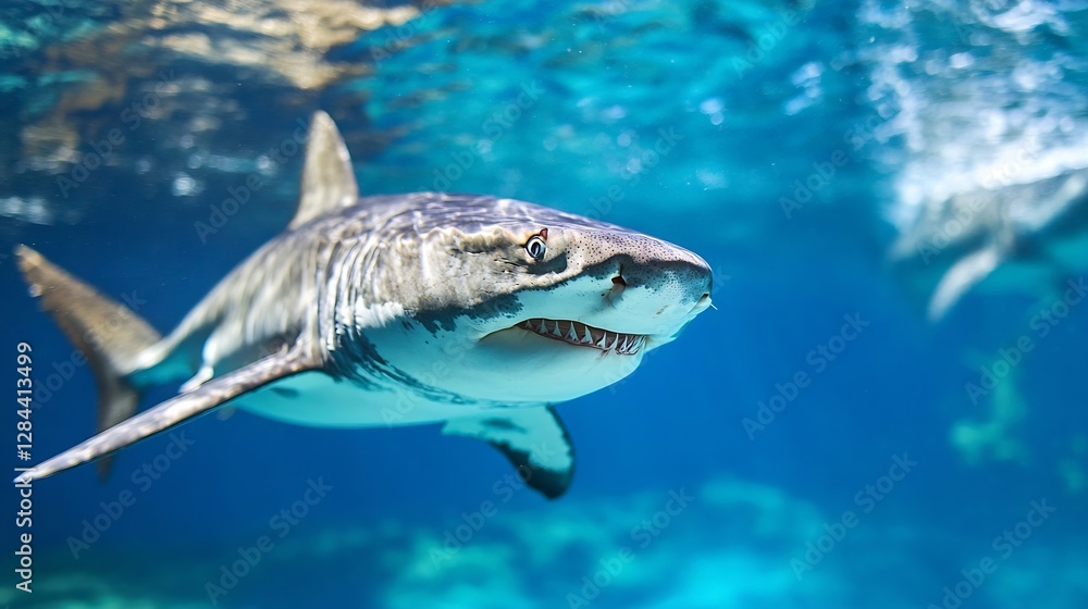 Fototapeta premium Majestic Shark Swimming Gracefully Underwater in Blue Ocean Environment : Generative AI