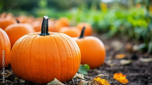 Harvested pumpkins arranged in a vibrant agricultural field surrounded by lush green plants : Generative AI photo