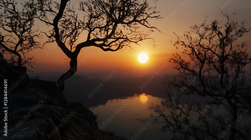 Dramatic sunset view from a rocky cliff with a lone tree silhouetted against glowing horizon : Generative AI Dramatic sunset view from a rocky cliff with a lone tree silhouetted against glowing horizon : Generative AI