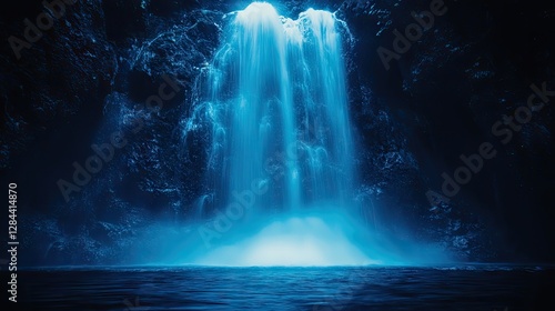 Blue waterfall in dark cave, serene nature scene, potential use as background image
