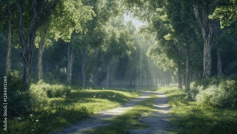 Obraz premium Sunlit Path Through a Lush Green Forest