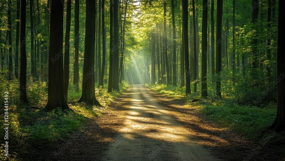 Sunlit Path Through a Lush Green Forest Sunlit Path Through a Lush Green Forest