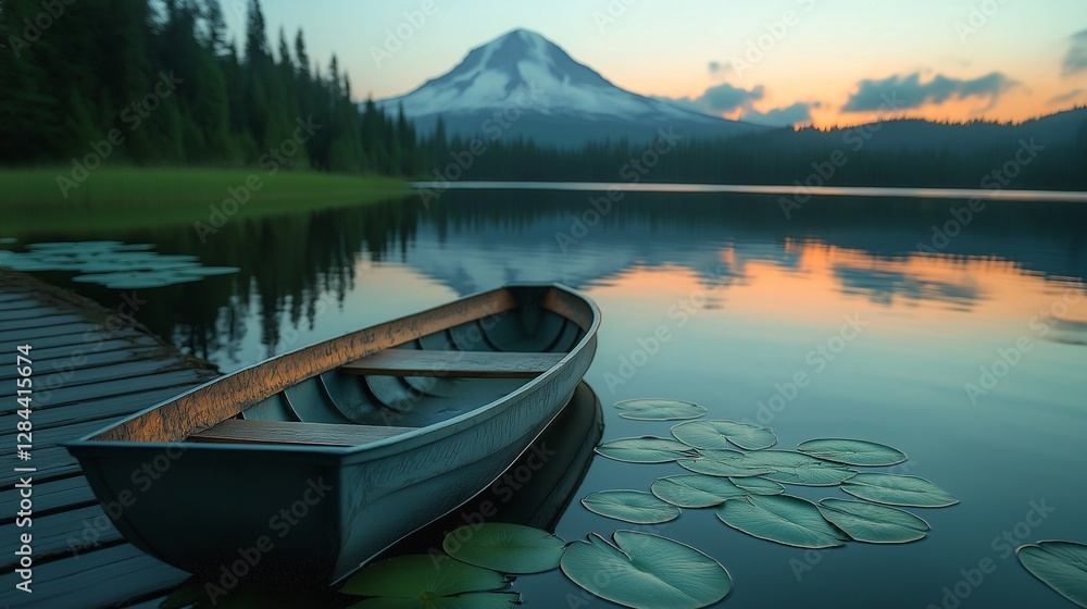 A serene mountain lake at dusk with a wooden boat resting by the dock, lily pads floating on the calm water, and a snow-capped peak reflecting in the peaceful scenery A serene mountain lake at dusk with a wooden boat resting by the dock, lily pads floating on the calm water, and a snow-capped peak reflecting in the peaceful scenery