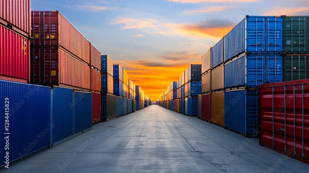Fototapeta premium Vibrant container storage yard depicting rows of colorful shipping containers at sunset : Generative AI