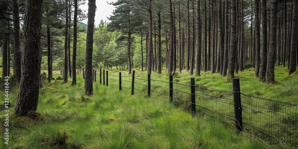 Fototapeta premium Serene Scottish Pine Forest Landscape: A Tranquil Path Through Lush Green Meadow