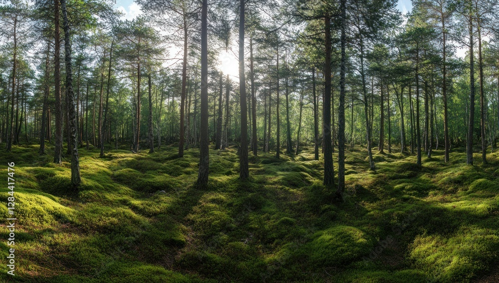 Obraz premium Sunlit Mossy Forest Panorama: A Tranquil Woodland Scene