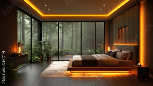 Wallpaper Mural Modern bedroom with forest view, ambient lighting, serene interior Torontodigital.ca