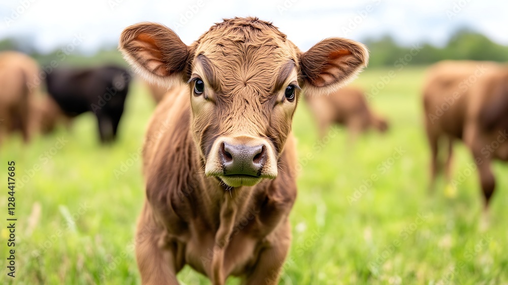 Cute Brown Calf Grazing on Green Grass in a Sunny Field Surrounded by Other Cows : Generative AI Cute Brown Calf Grazing on Green Grass in a Sunny Field Surrounded by Other Cows : Generative AI