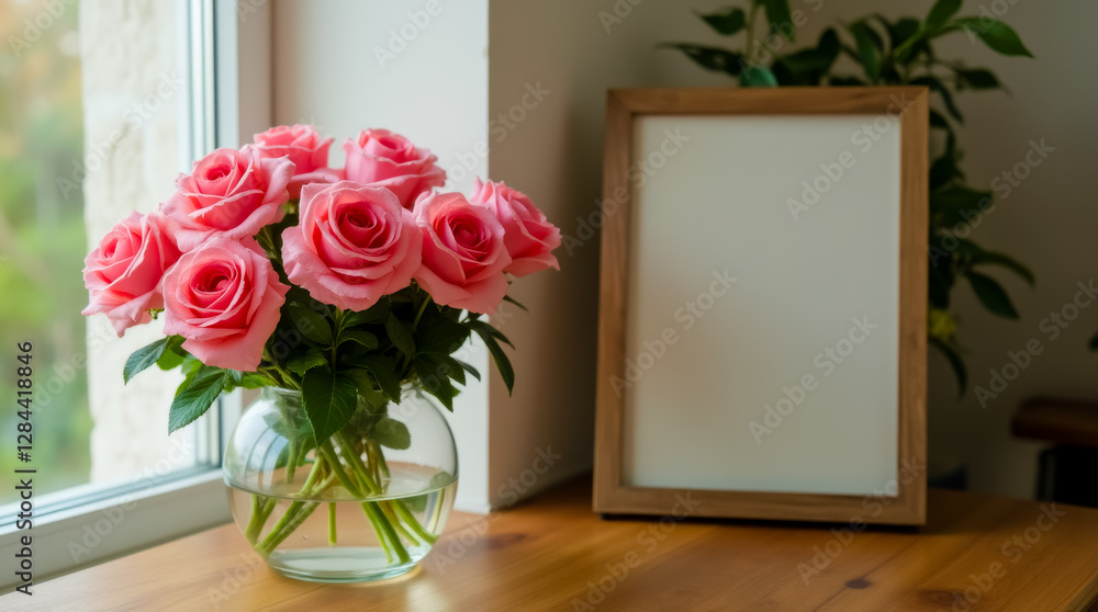 Obraz premium A vase of pink roses sits on a wooden table next to a white frame