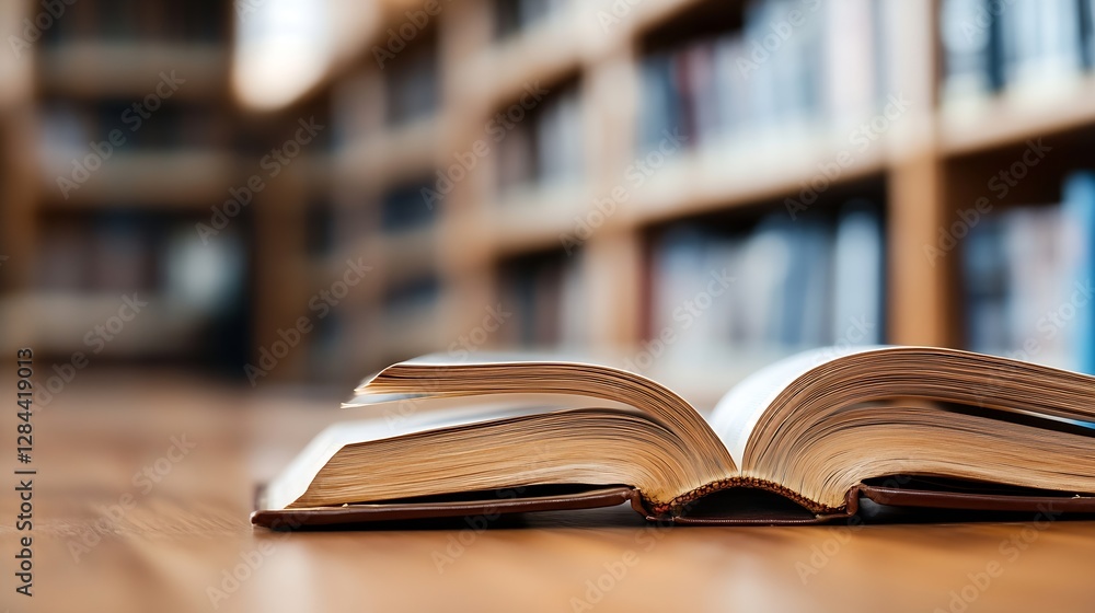 Open book resting on library floor with shelves filled with books in the background creating a warm learning atmosphere : Generative AI Open book resting on library floor with shelves filled with books in the background creating a warm learning atmosphere : Generative AI