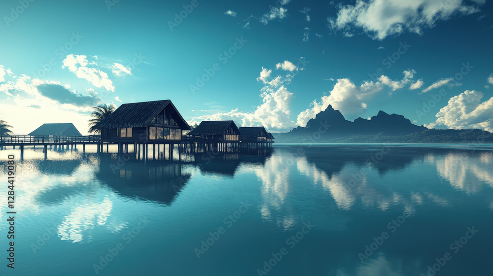 Fototapeta premium Serene overwater bungalows reflecting in a calm tropical lagoon with crystal-clear waters and blue skies