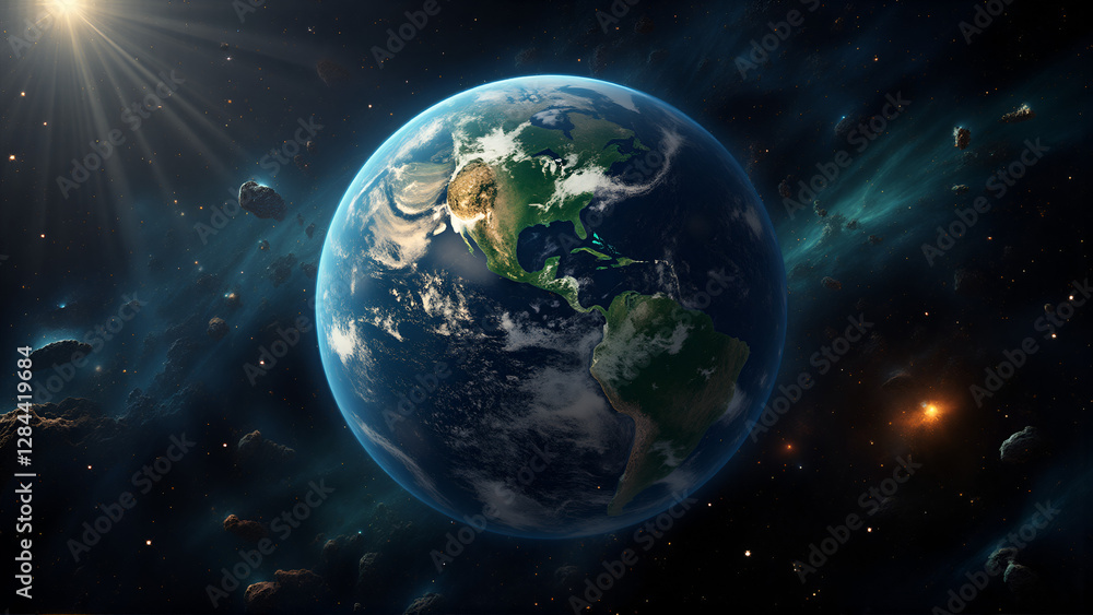 Fototapeta premium Dramatic View of Earth Surrounded by Asteroid Field in Space