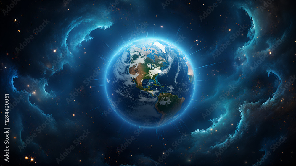 Obraz premium Detailed Earth View with Mysterious Deep Blue Nebula Background