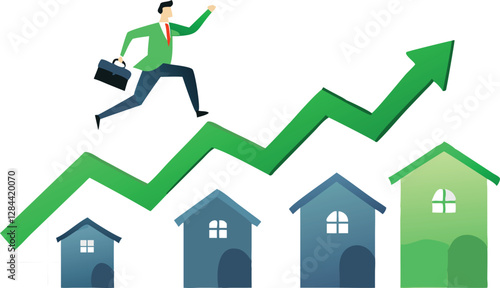Housing price rising up, real estate or property growth concept, businessman running on rising green graph on house roof. vector