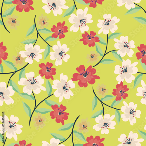 Abstract seamless pattern with hand drawn vintage groovy daisy flowers.
